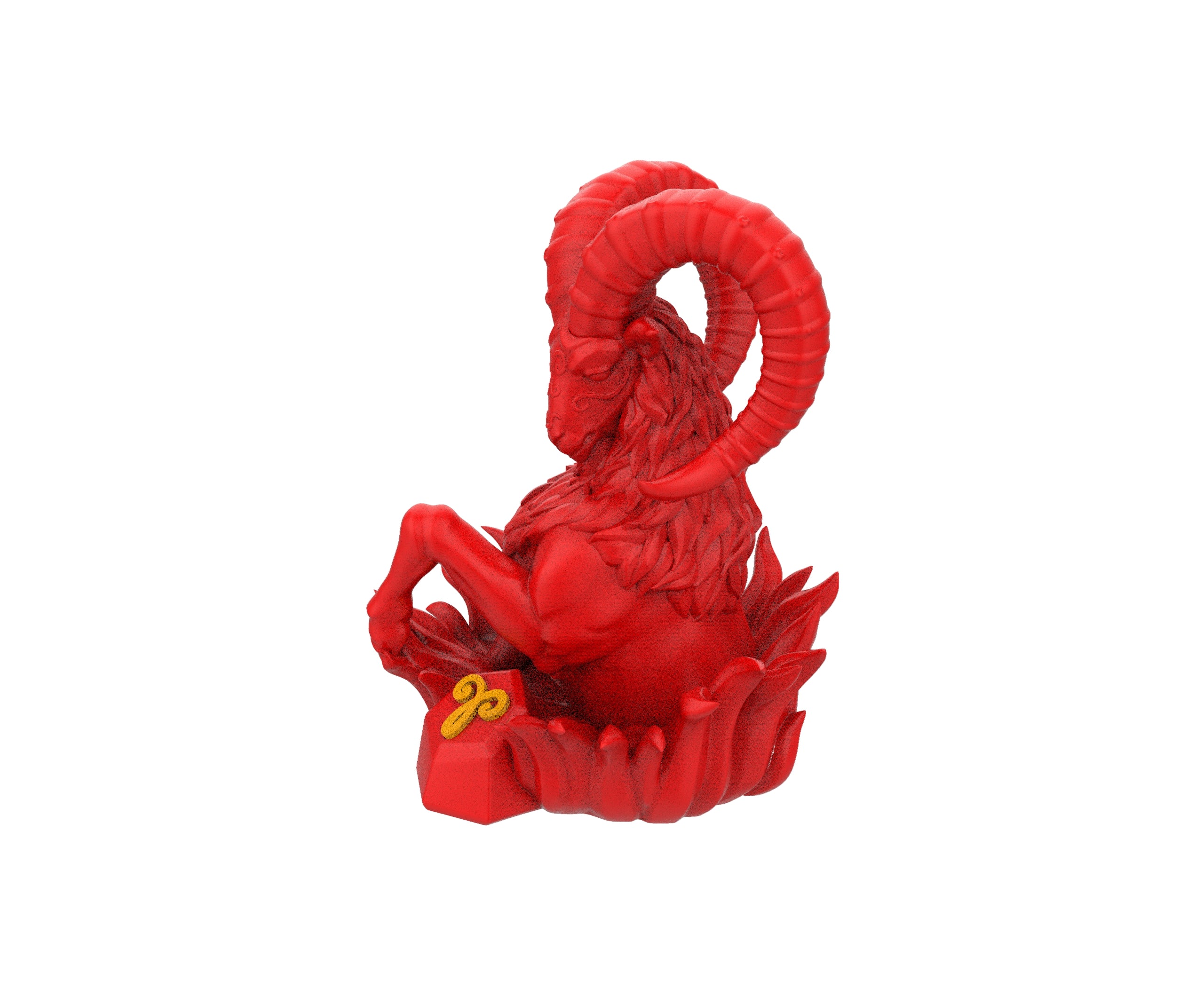 Red figurine of a ram on a white background