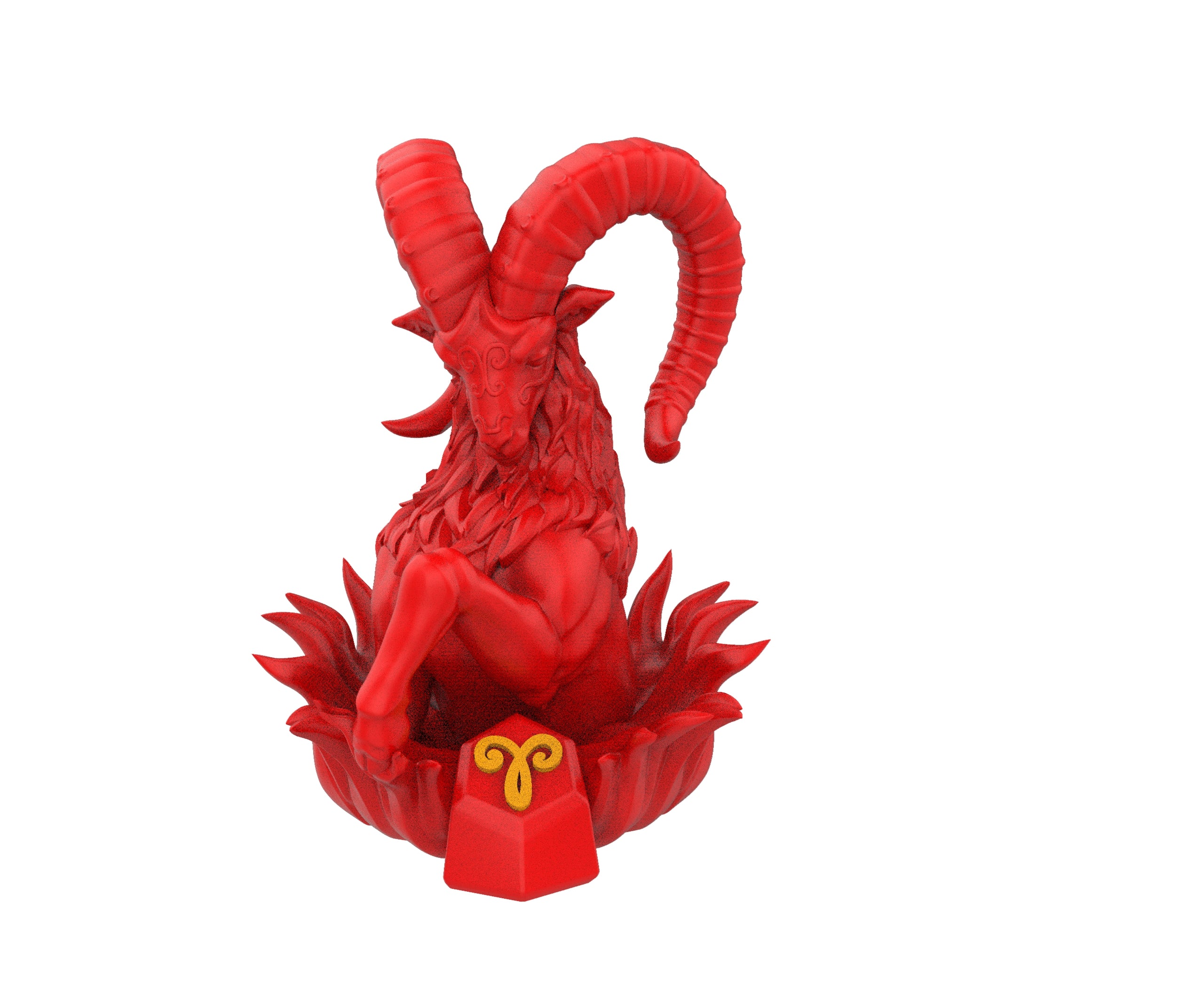 Red figurine of a creature with large horns on a white background