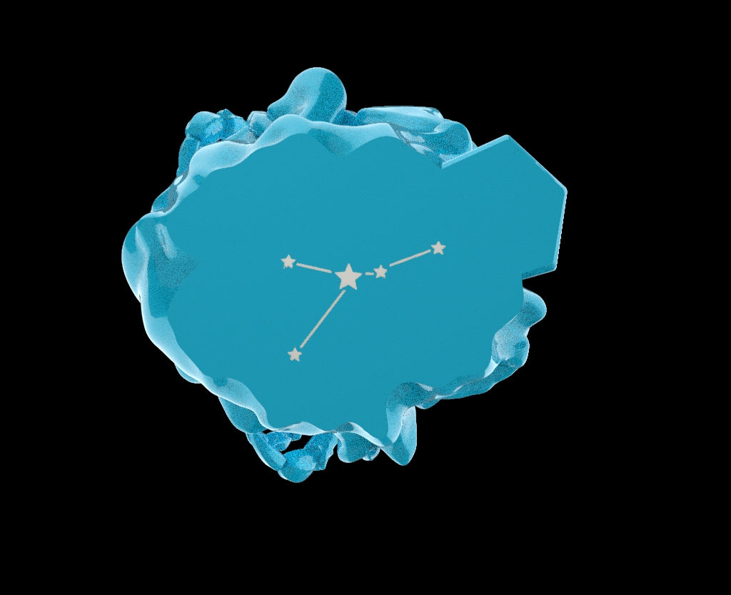 Blue cloud-like shape with a star constellation on a black background