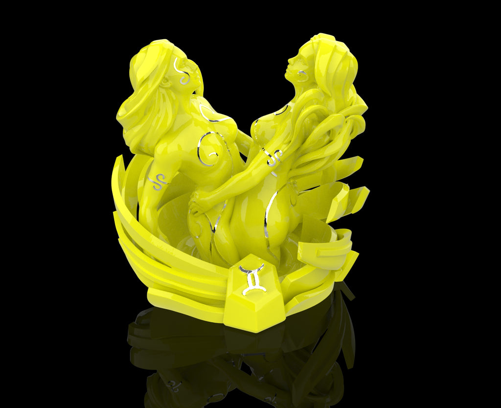 Yellow figurine of two women in a boat on a black background