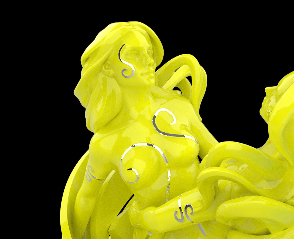 Yellow angel figurine with decorative elements on a black background