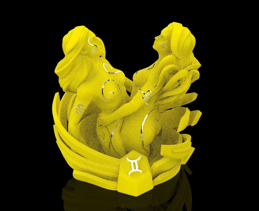 Yellow Gemini zodiac figures a black background