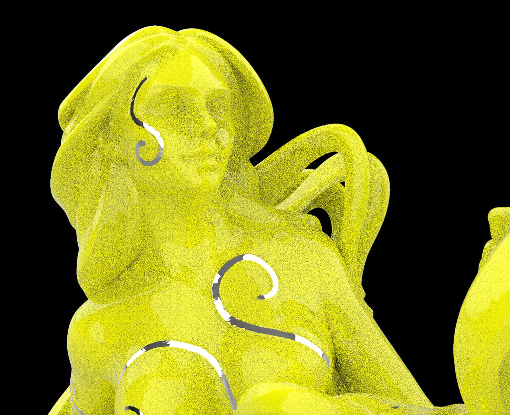 Yellow sculpture of a figure with flowing hair on a black background
