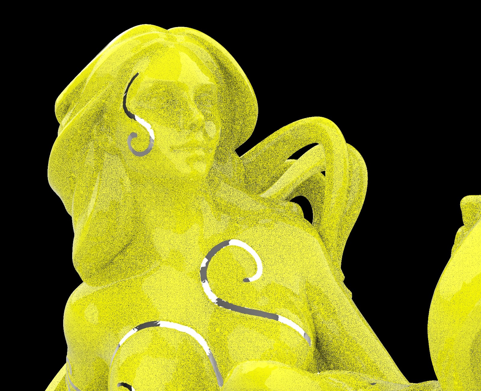 Yellow sculpture of a figure with flowing hair on a black background