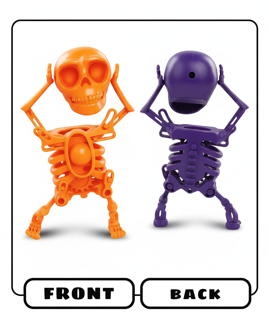 Two toy skeletons, one orange and one purple, on a white background with 'Front' and 'Back' labels.