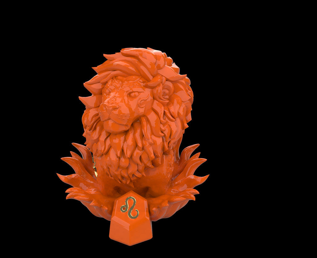 Orange lion head sculpture on a black background