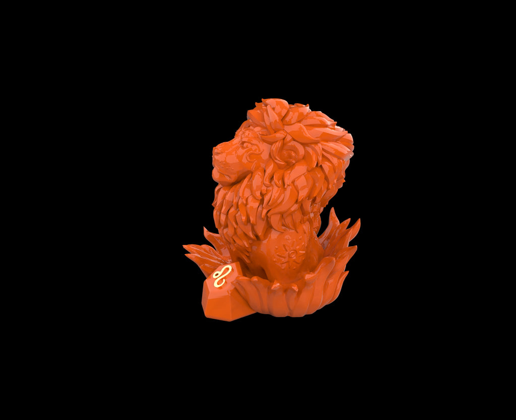 Orange lion sculpture on a black background