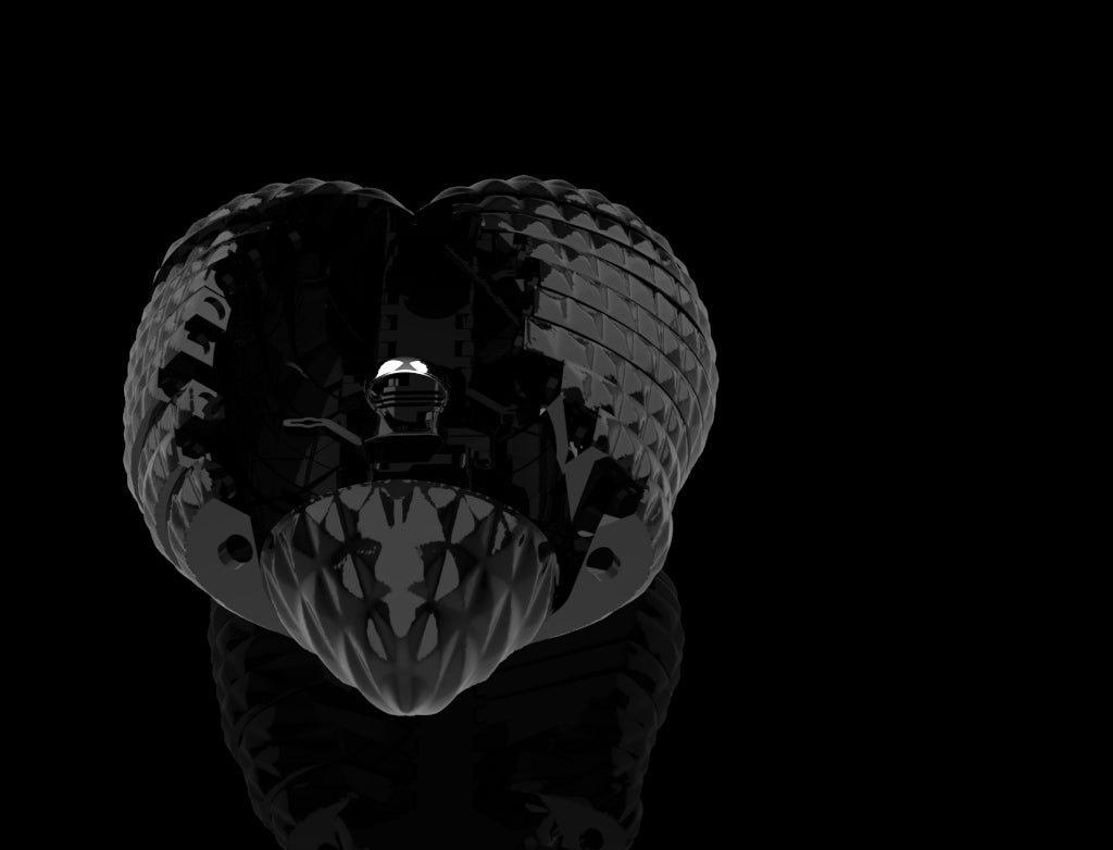 Black and white abstract design on a reflective surface with a black background
