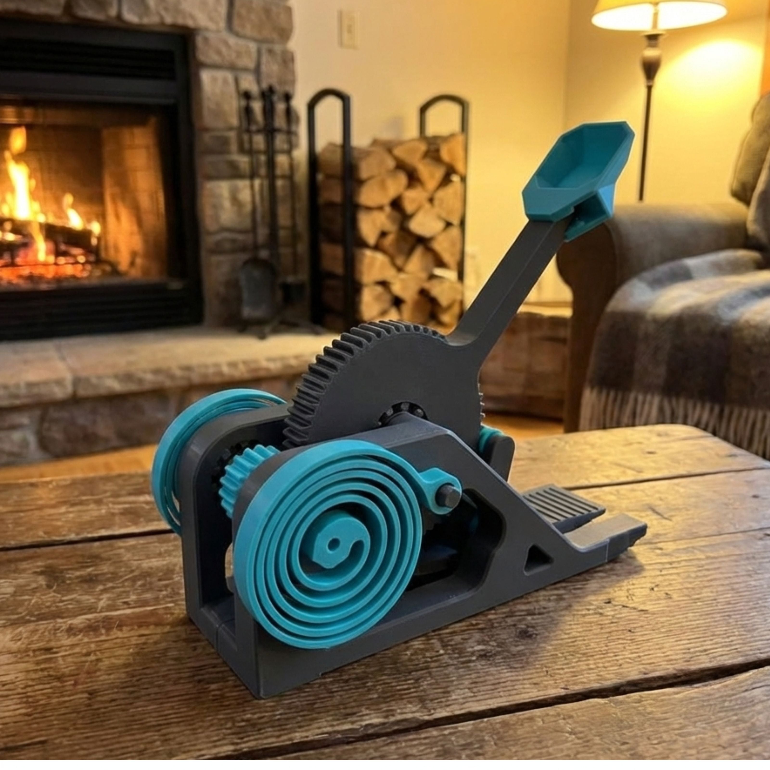 Blue and black mechanical device on a wooden table with a fireplace and logs 