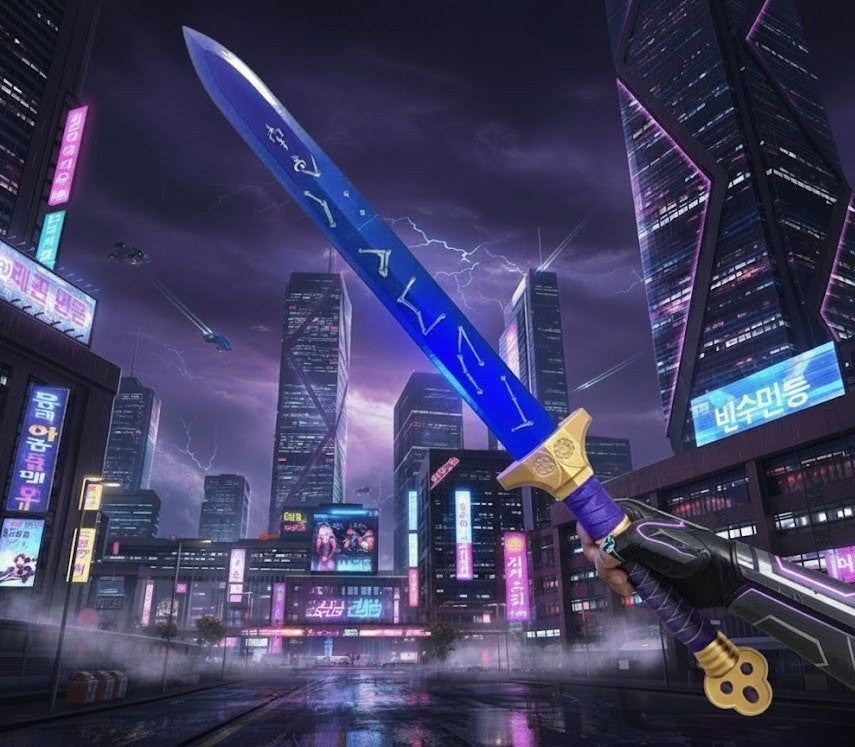 Futuristic cityscape with a large blue sword held by a figure, against a dark sky with lightning.
