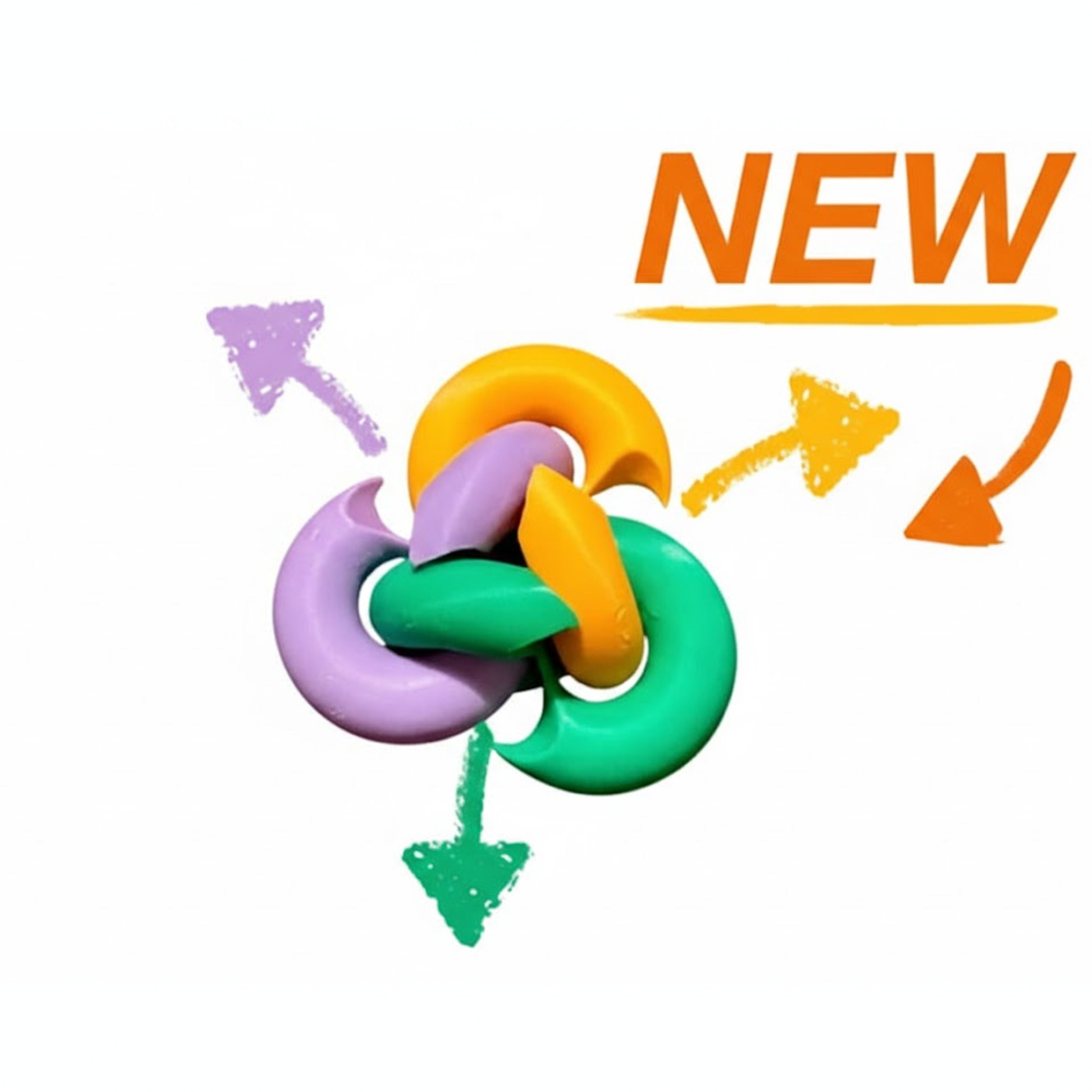 Colorful interlocking toy with 'NEW' text and arrows on a white background