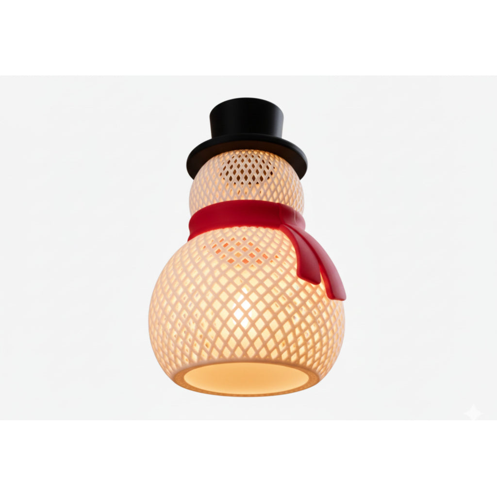Decorative light fixture shaped like a snowman with a top hat and red scarf 