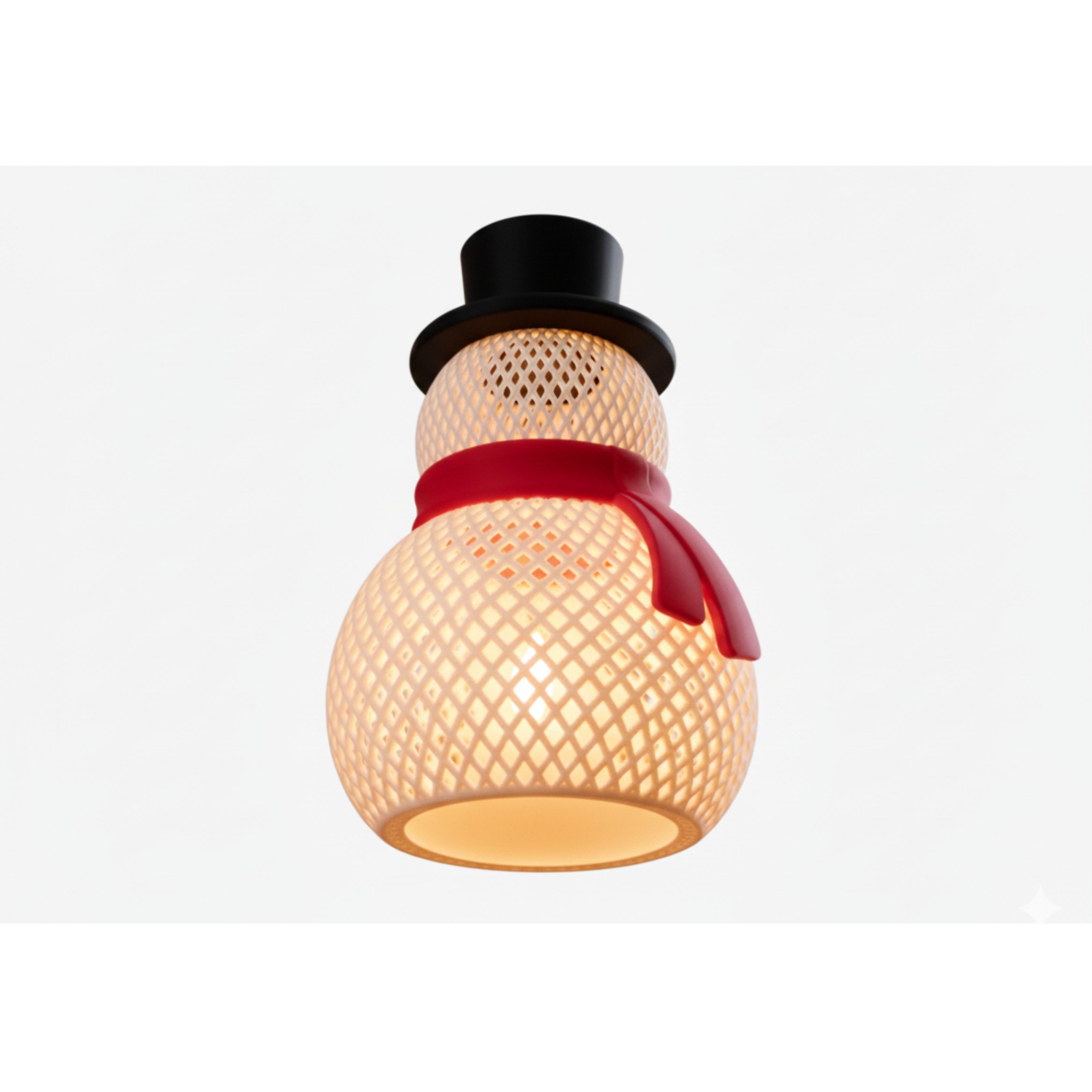 Decorative light fixture shaped like a snowman with a top hat and red scarf 