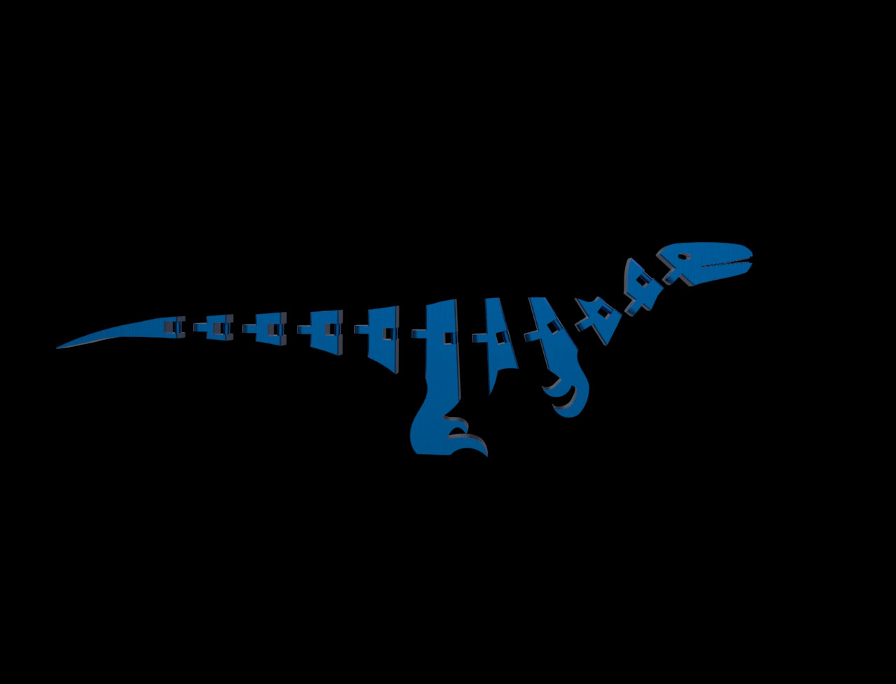 Blue dinosaur skeleton outline on a black background