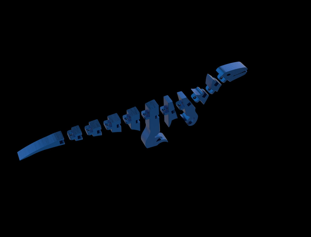 Blue plastic dinosaur skeleton model on a black background